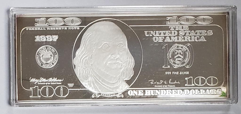 1997 Washington Mint 100 Dollar Bill Bar 4ozt .999: W/Box & Paperwork