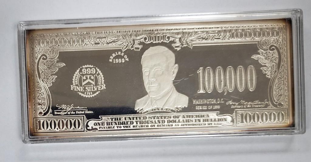 1999 100,000 Bill Bar Washington Mint 4ozt .999 Fi: W/Box & Paperwork