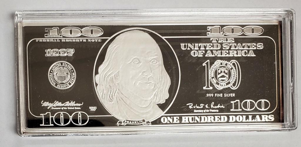 1997 Washington Mint $100,000 Bill Bar 4ozt .999 F: W/Box & Paperwork