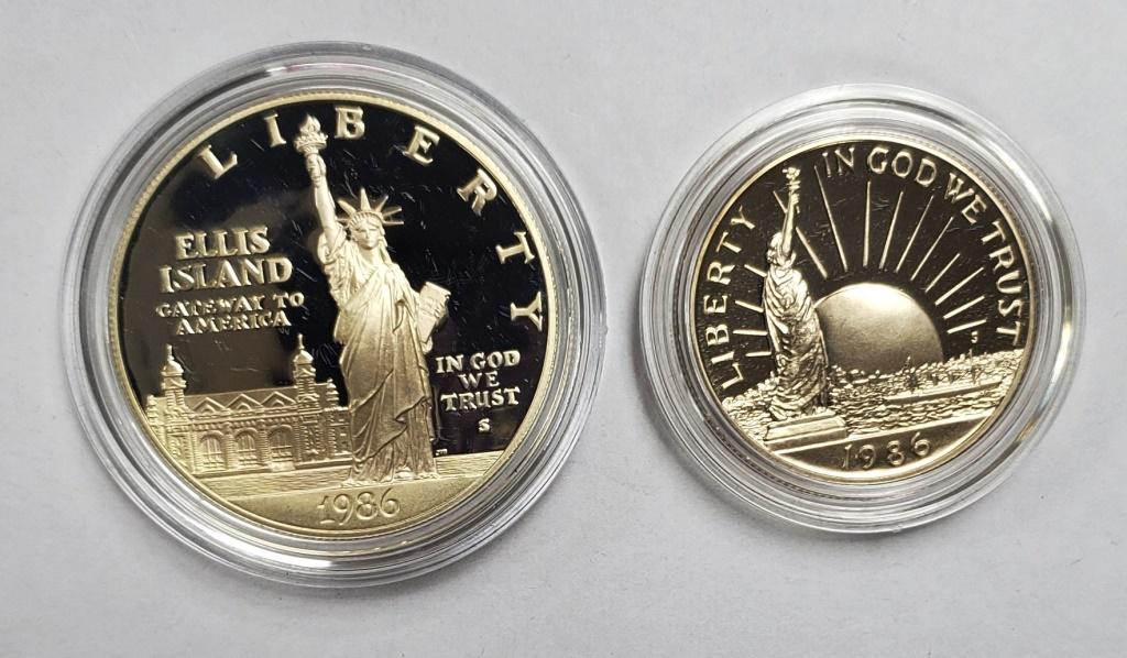 1986 US Liberty Coins Silver Dollar & Half Dollar: W/Box & COA