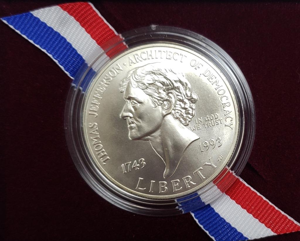 1993 Thomas Jefferson 250th Anniversary Silver Dol: W/Box & Paperwork