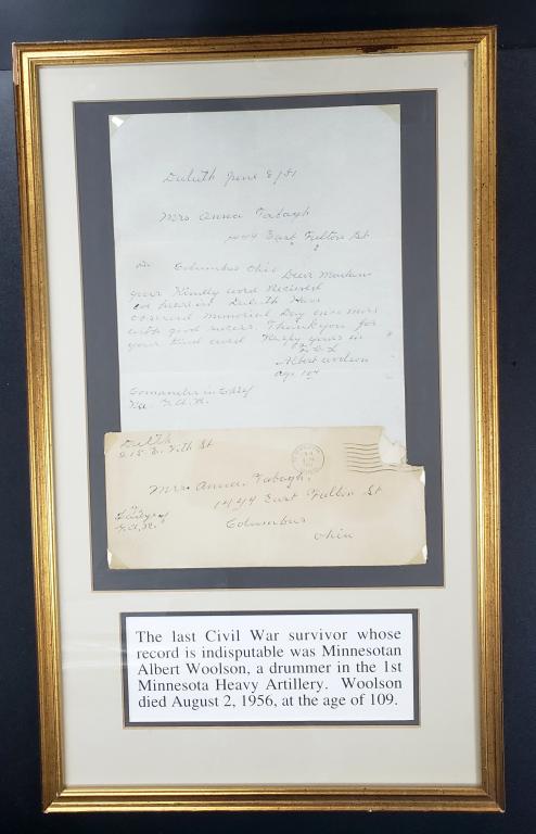 Last Civil War Survivor Albert Woolson Framed Lett: He was a drummer in the 1st Minnesota Heavy Artillery. He died at the age of 109.