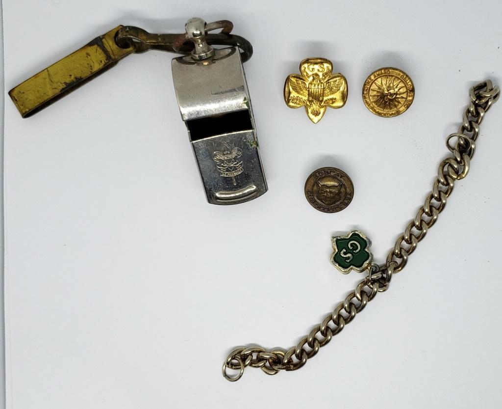SCOUTS LOT: BE PREPARED WHISTLE: GIRL SCOUT BRACELET missing latch, GIRL SCOUT PIN, (2) CUB SCOUT PINS