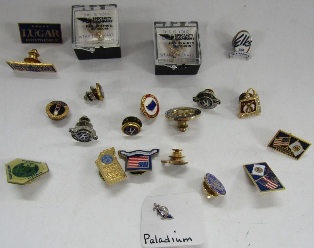 21 MASONIC / KIWANIS / ELKS / REPUBLICAN: LAPEL PINS - (1) PALADIUM SWORD/CRESENT MOON PIN