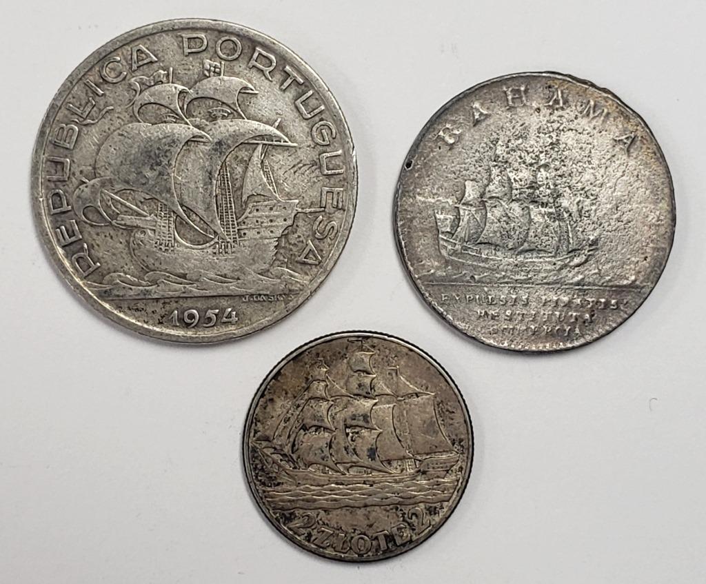 (3) SILVER FOREIGN COINS w/SHIPS (1 of 2)