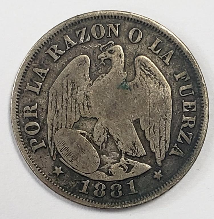 1881 POR LA RAZON O FUERZA: REPUBLICA CHILE SILVER COIN - 4.8g
