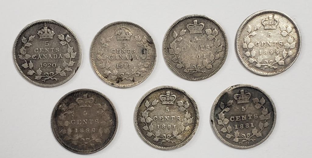 (7) EARLY DATE CANADA SILVER 5 CENTS (1 of 2)