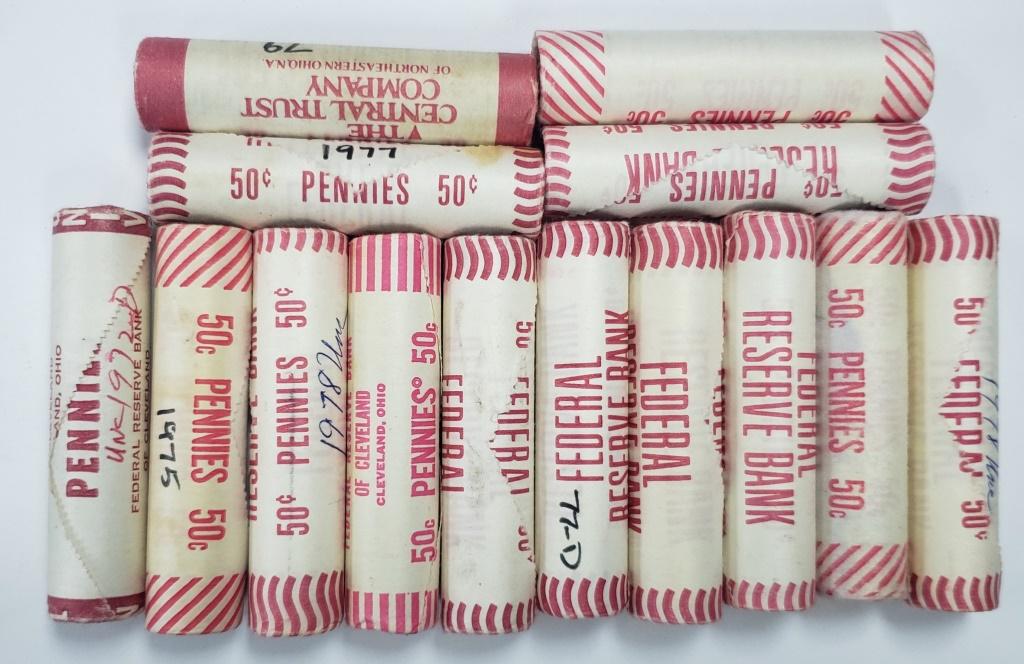 BU BANK WRAPPED LINCOLN PENNY ROLLS (14): UNSEARCHED - 1972-D, 1974, 1975, 1977-D, (2) 1977, (5) 1978 (1) 1979 (2) ? REV on BOTH ENDS