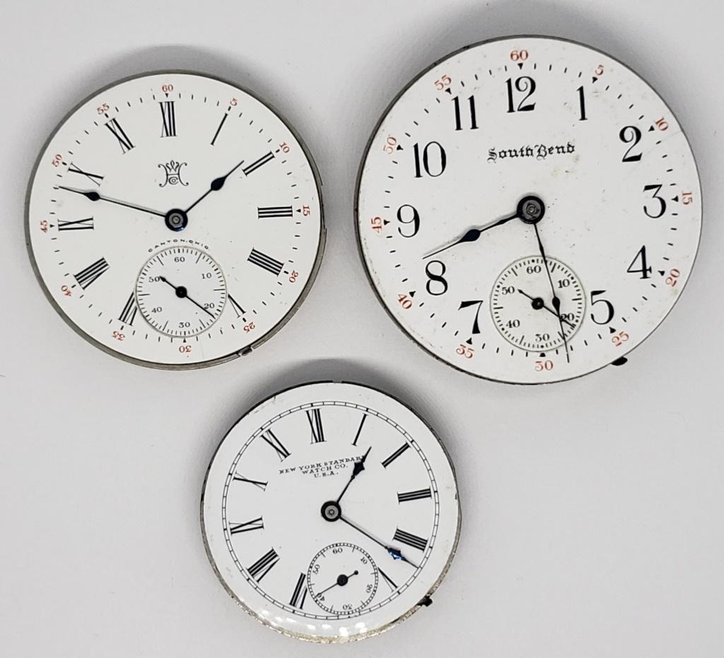 3 POCKET WATCH MOVEMENTS: SOUTH BEND SER. #395458, HAMPDEN GEN. STARK SER #1576530 (RUNNING), NEW YORK STANDARD SER. #2101704 - FOR PARTS / REPAIR