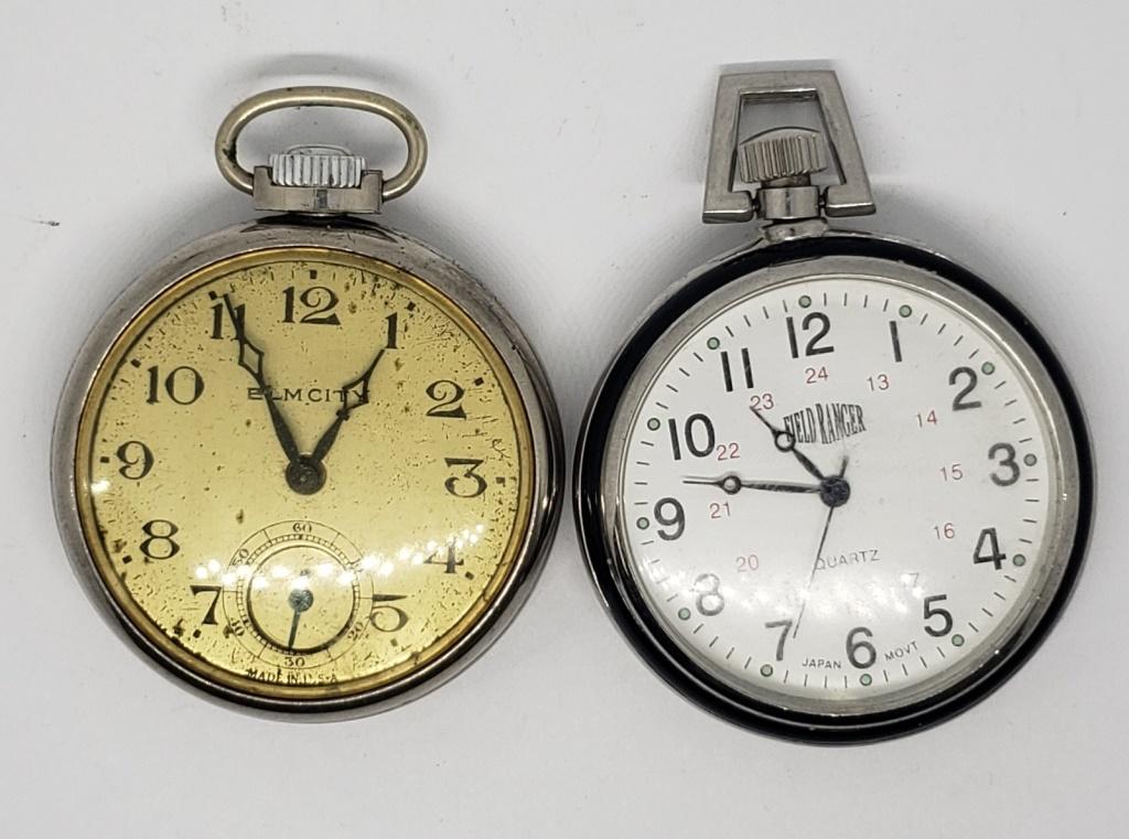 2-POCKET WATCHES ELM CITY & FIELD RANGER: ELM CITY WINDS & RUNS - FIELD RANGER NEEDS BATTERY REPLACED