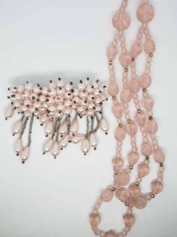 VINTAGE SILVER TONED PINK BEADED BARETTE (1 of 3)