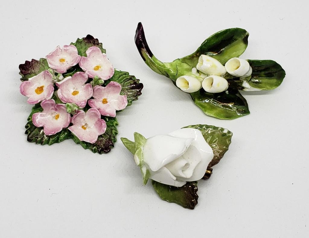3-VINTAGE DENTON BONE/PORCELIN FLOWER: BROOCHES-MADE IN ENGLAND