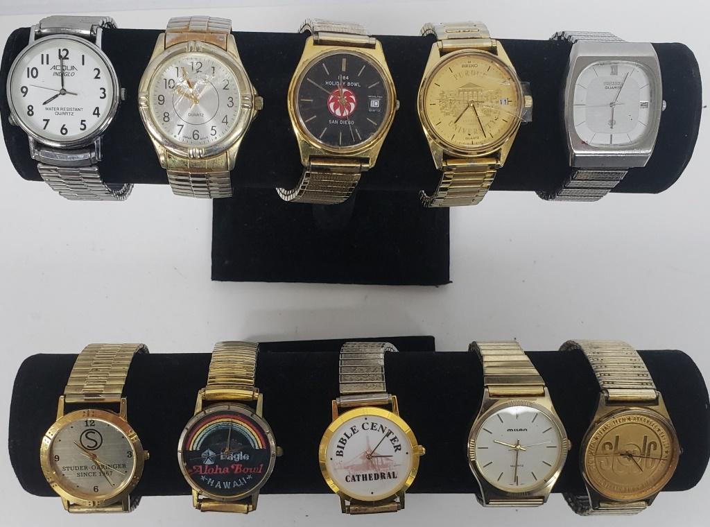10 MENS QUARTZ STRETCH WRIST WATCHES-HELBROS,HAMI: NOT TESTED AS TO WORKING OR NOT-MOST WILL NEED BATTERY-SOME FOR PARTS OR REPAIR-SOME MAY WORK-10 MENS QUARTZ STRETCH BAND WRIST WATCHES-HELBROS,HAMILTON, MILAN,IMAGE,(2) SEIKO,ADVANCE,ACQUA,MISC