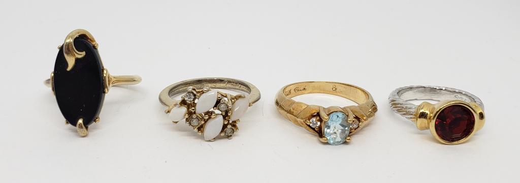 4-GOLD TONED FASHION BLING RINGS (1)AVON: RHINESTONES-LUCITE-POSSIBLE OPAL?