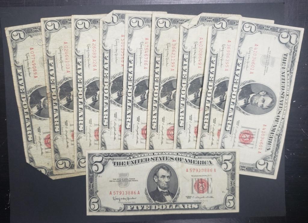 (10) 1963's $5 RED SEAL U.S. NOTES (1 of 2)