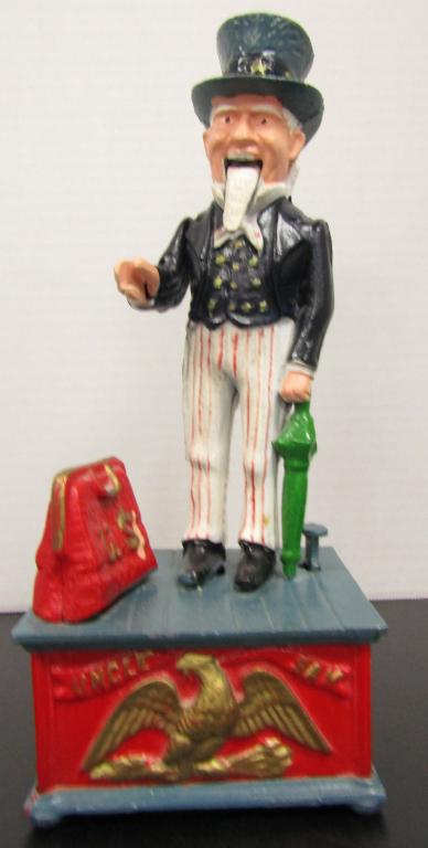 Cast Iron Uncle Sam Mechanical Coin Bank: FUNCTIONING - MADE In Taiwan