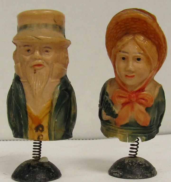 GERMAN ANTIQUE BOBBIN COLONIAL SET: made from Fragile Plastic - Bobbin bust of Colonial Man & Women - 2 1/2" tall - Unique