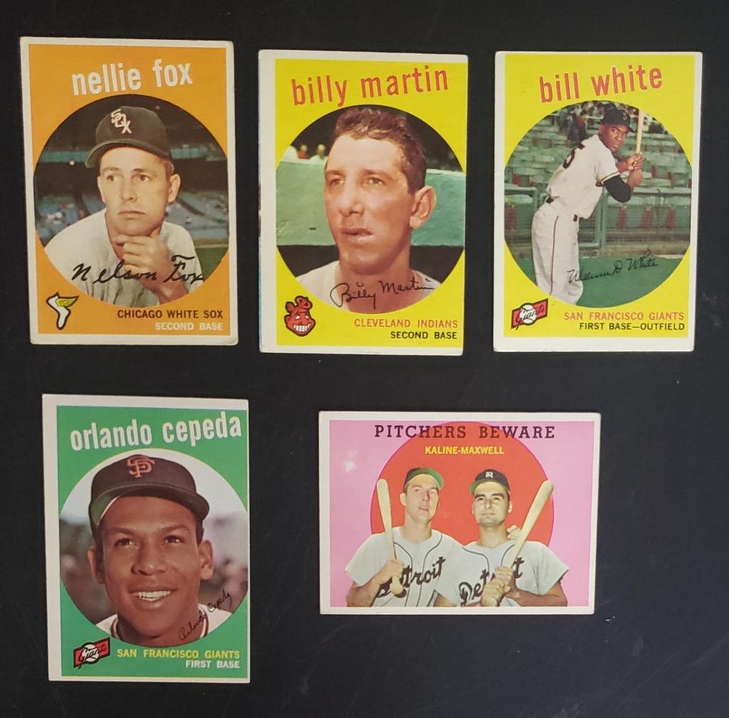 5-1959 TOPPS SEMI-STARS: #30 FOX, #34 PITCHERS BEWARE, #295 BILLY MARTIN, #359 WHITE, #390 CEPEDA