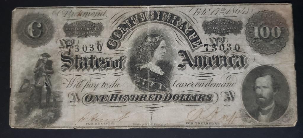1864 $100 CONFEDERATE STATE of AM: ONE HUNDRED DOLLARS