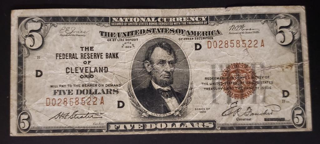1929 $5 NATIONAL CURRENCY CLEVELAND OH (1 of 2)