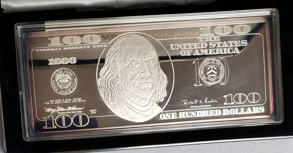 Washington Mint 100 Dollar Franklin Bill Bar 4ozt: With Box & COA