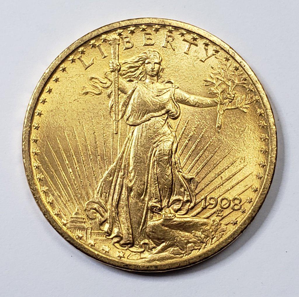 1908 $20 GOLD ST GAUDENS (1 of 2)