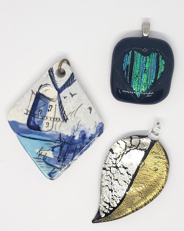 3-UNIQUE PORCELIN/GLASS PENDANTS: (1)WITH MAKERS MARK!
