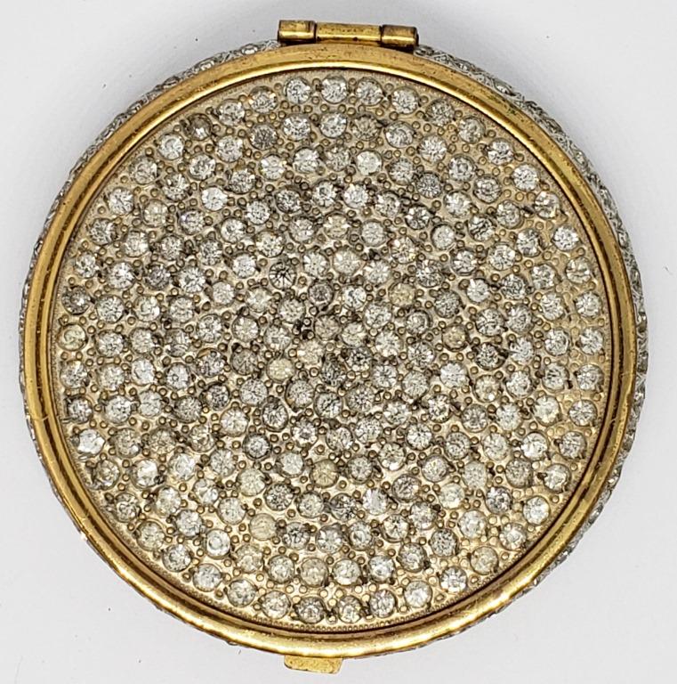VINTAGE GOLD TONED RHINESTONE COMPACT: PINK ROUGE RESIDUE-COMES WITH (2)POWDER PUFFS