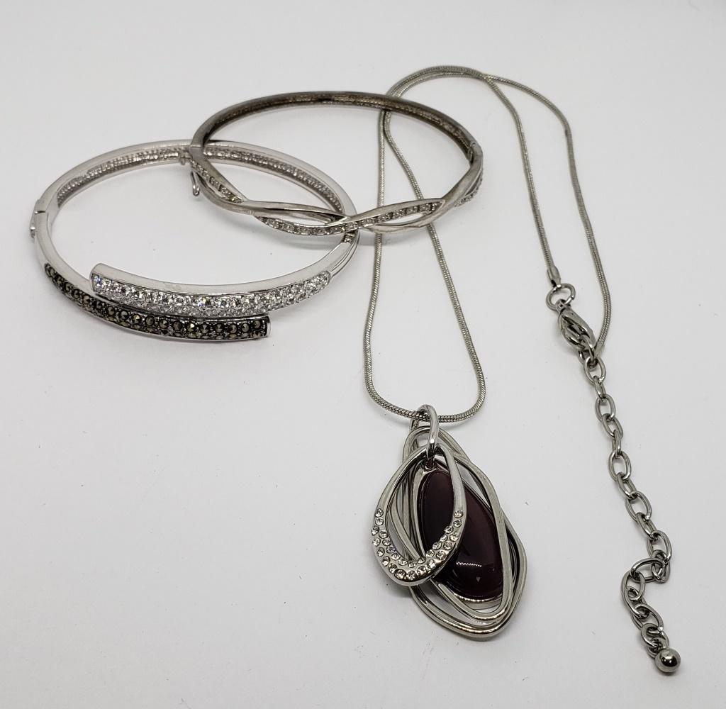 2-SILVER TONED HINGED BANGLES WITH RHINESTONES (1 of 4)