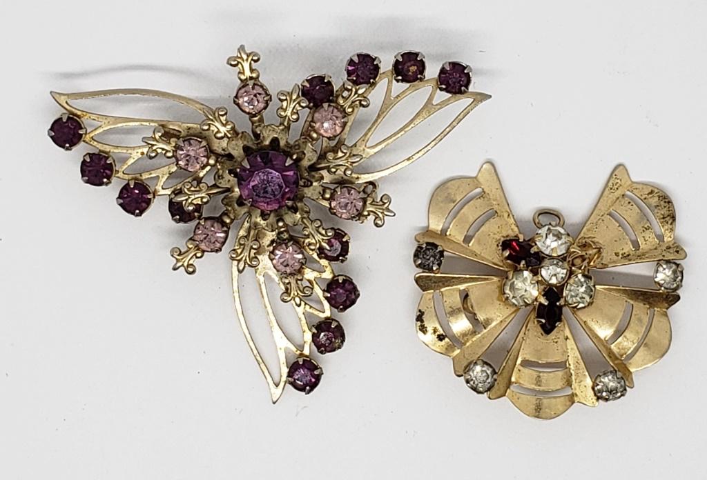 2-VTG GOLD TONED RHINESTONE BROOCHES (1 of 4)