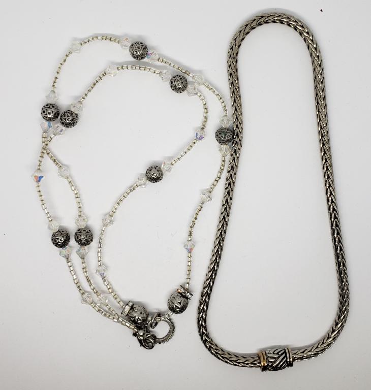 2-VINTAGE SILVER TONED NECKLACES/CHAINS: (1)WITH MAGNETIC CLOSURE (1)WITH CLEAR BEAD ACCENTS