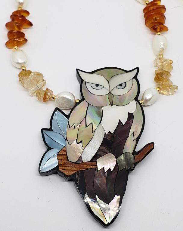 VTG LEE SANDS OWL ABILONE INLAY NECKLACE (1 of 4)