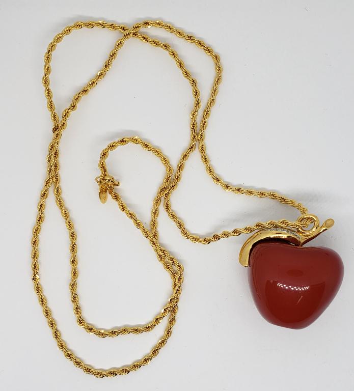KENNETH J LANE 3D APPLE PAVED CRYSTAL PENDANT: WITH CHAIN-LOOKS NEW!!