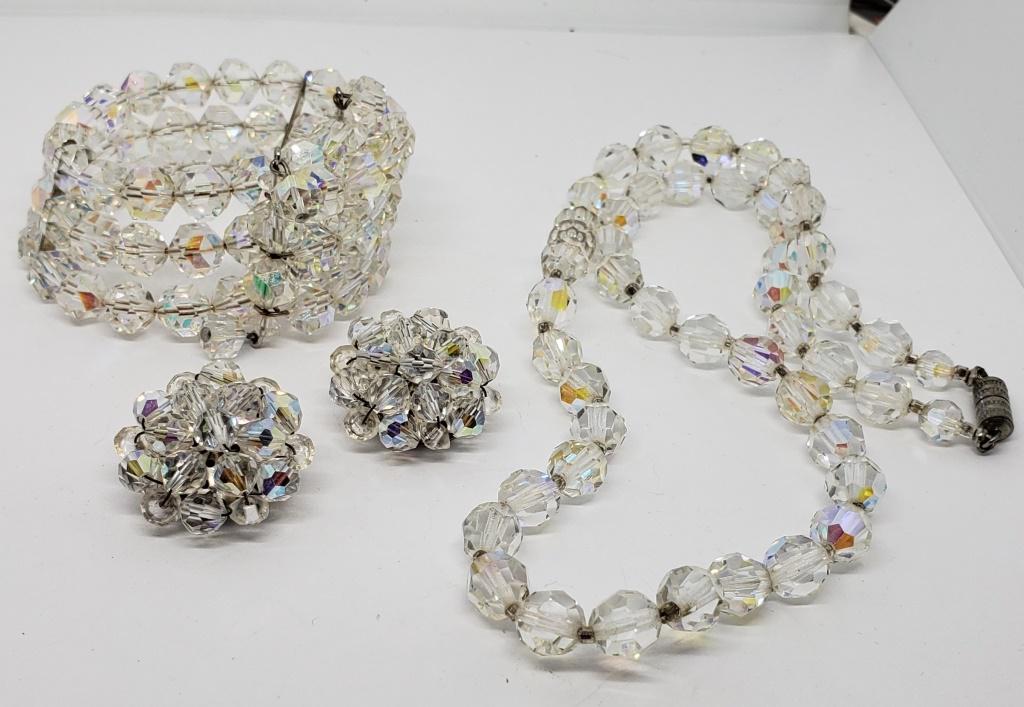 VINTAGE CLEAR BEADED JEWELRY LOT: (1)PAIR: GERMANY CLIP ON EARRINGS (1)NECKLACE (1)WRAP BRACELET-SILVER TONED