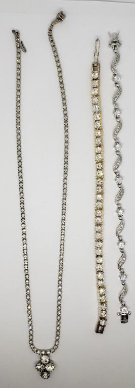 VINTAGE RHINESTONE JEWELRY LOT: (1)NECKLACE: (2)TENNIS STYLE BRACELETS