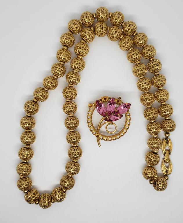 VINTAGE MONET FILIGREE GOLD TONED BEADED: NECKLACE PLUS GOLD TONED CIRCULAR PINK RHINESTONE FLOWER BROOCH