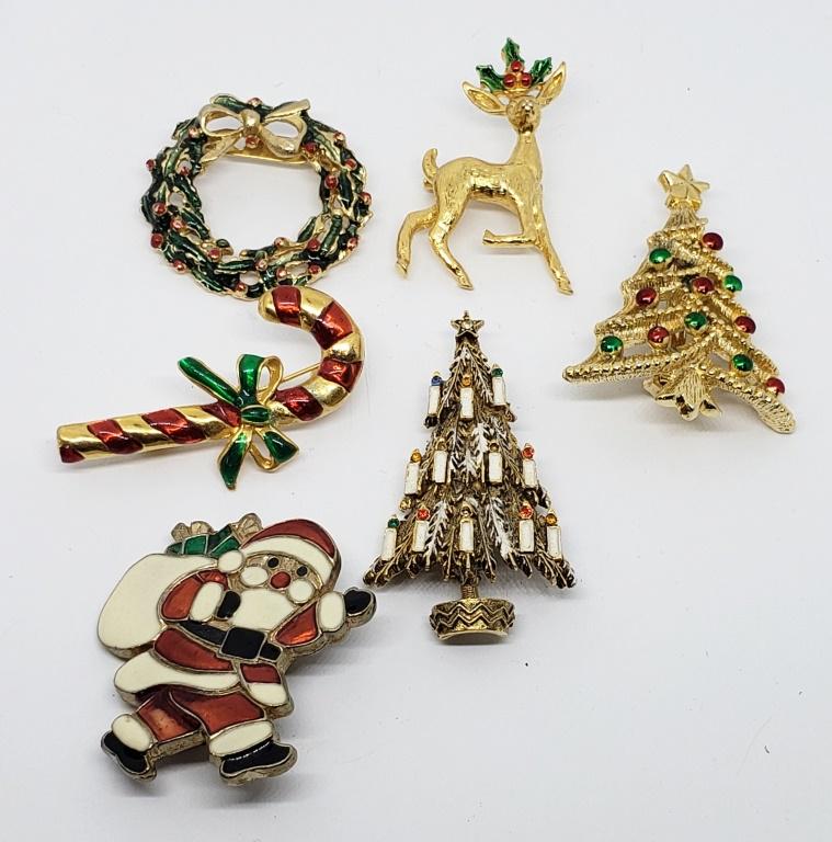6-VTG GOLD TONED CHRISTMAS BROOCHES (1 of 5)