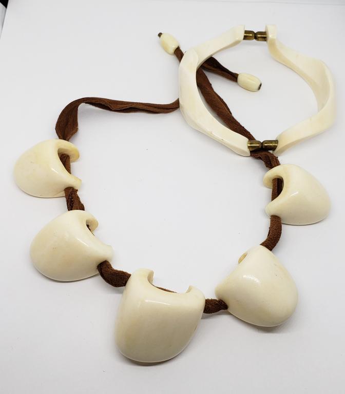 VINTAGE CARVED BONE NECKLACE WITH BROWN: ROPE CHAIN PLUS (1)BANGLE
