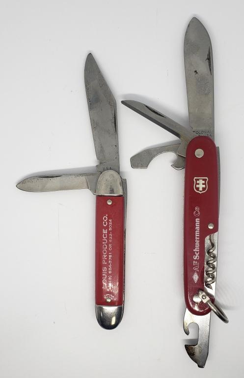 2 BLADE USA ADVERTISING KNIFE: LOUIS PRODUCE CO & AF SCHUERMANN CO SWISS ARMY KNIFE