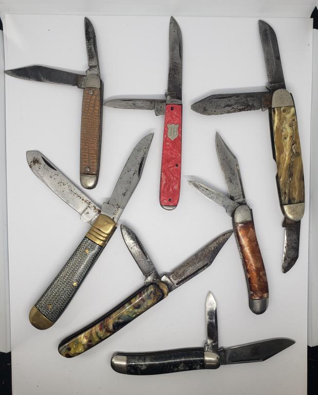 7 VTG ENAMEL HANDLE POCKET KNIVES (1 of 8)