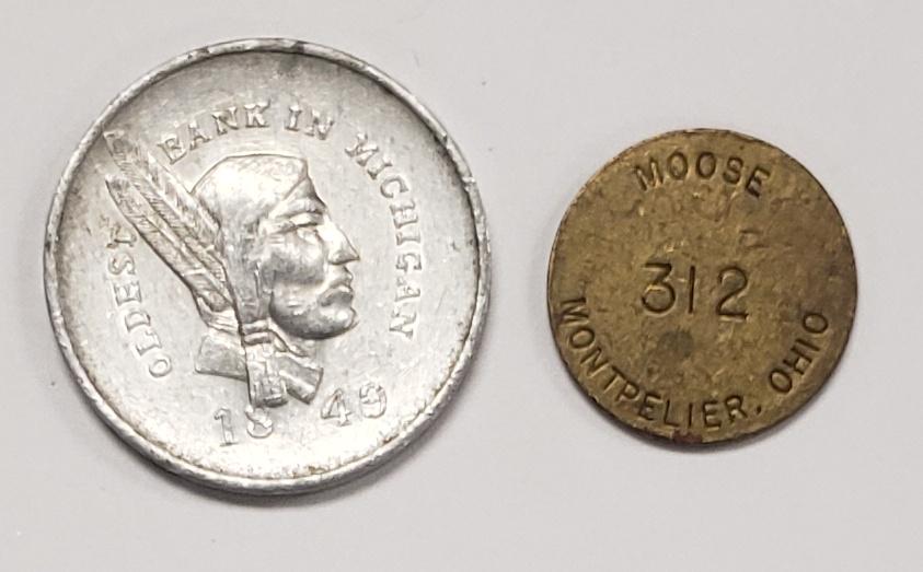(2) TOKENS: Detroit Michigan - The Detroit Bank: 100th Anniversary 1949 Advertising Token & MOOSE MONTPELIER OHIO