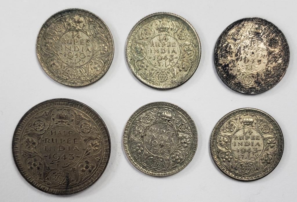 (5) INDIA 1/4 RUPEE (1) 1/2 RUPEE SILVER COINS (1 of 2)