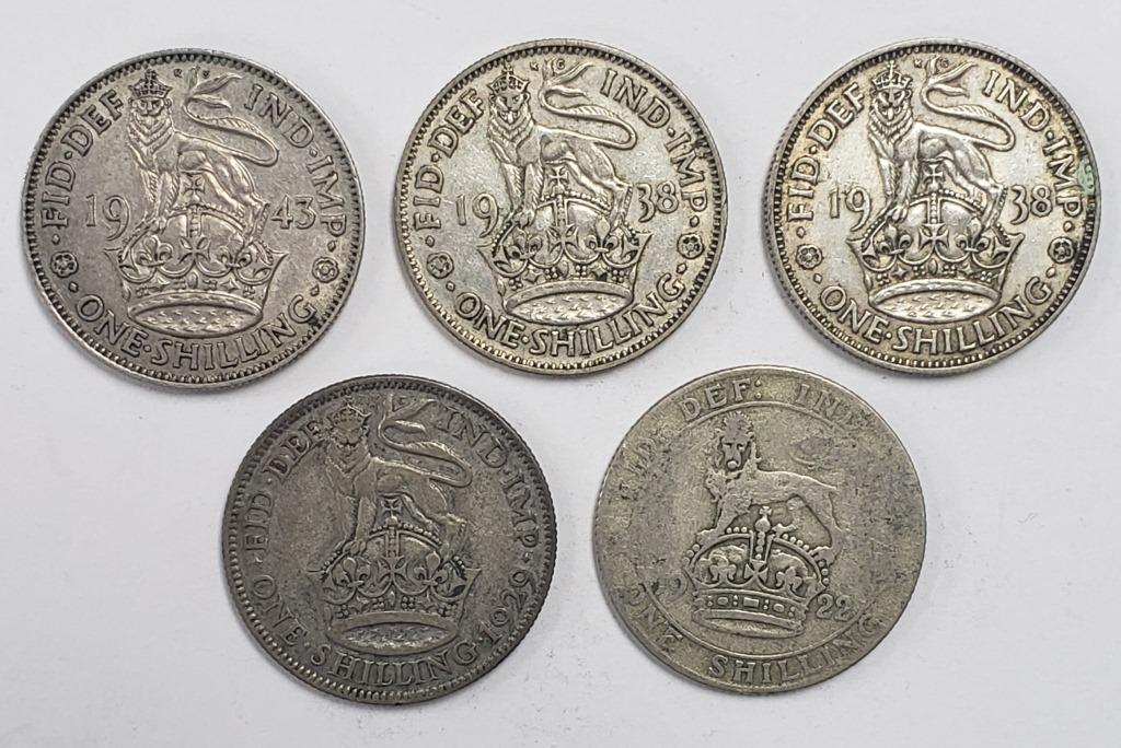 (5) GR BRITAIN ONE SHILLING SILVER COINS (1 of 2)