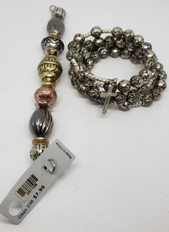 (1)SAPPHIRE MODERN BRACELET & (1)ROSE SILVER: TONED WRAP BRACELET WITH CROSS CHARM