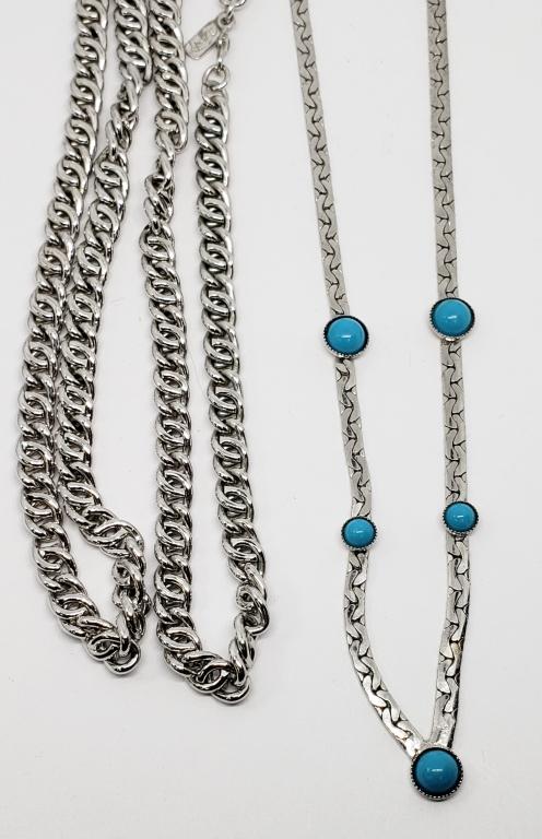 VINTAGE SILVER TONED SARAH COV NECKLACE: WITH TURQUOISE COLORED BEADS & (1) MONET SILVER TONED FIGARO CHAIN
