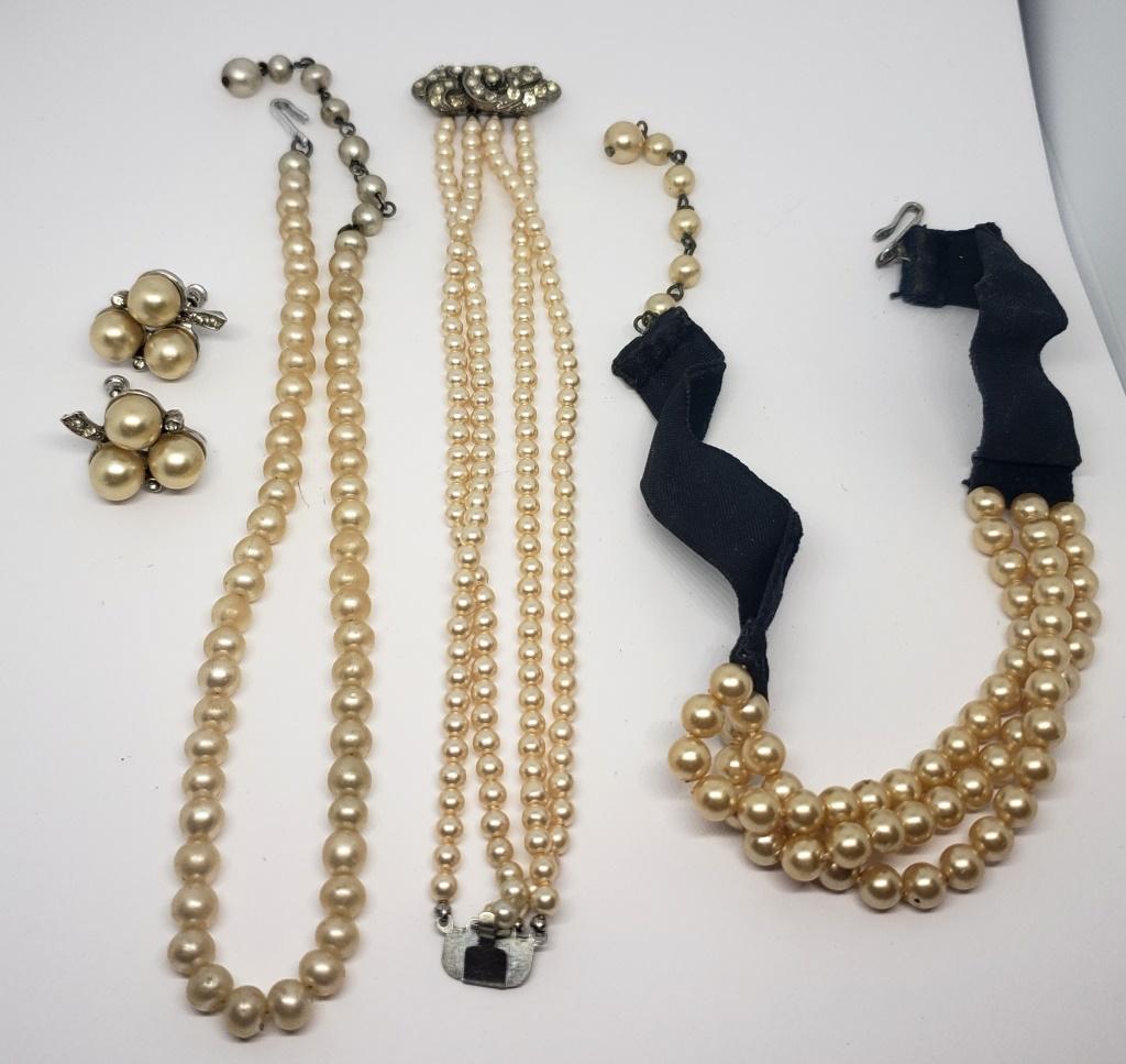VINTAGE FAUX PEARL/POSSIBLE REAL PEARL JEWELRY: LOT: (1)LAYERED CHOKER/NECKLACE (1)NECKLACE (1)LAYERED NECKLACE (1)TWIST BACK EARRINGS WITH RHINESTONES ACCENTS