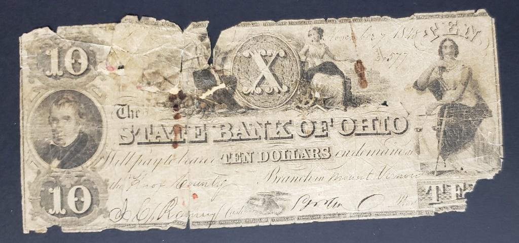1848 $10 The STATE BANK of OHIO: OBSOLETE TEN DOLLAR NOTE KNOX COUNTY - TAPED ON BACK