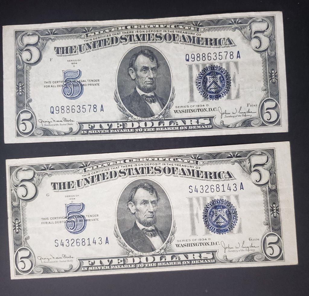 (2) 1934D $5 SILVER CERTIFICATES (1 of 2)