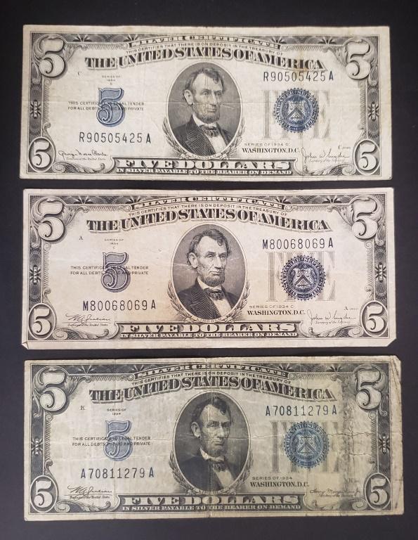 (3) 1934 $5 SILVER CERTIFICATE (1 of 2)