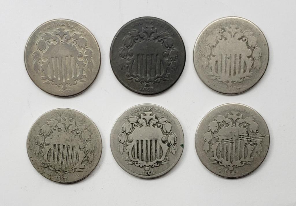6-DIFF SHIELD NICKELS 1866, '67, '68 (1 of 2)